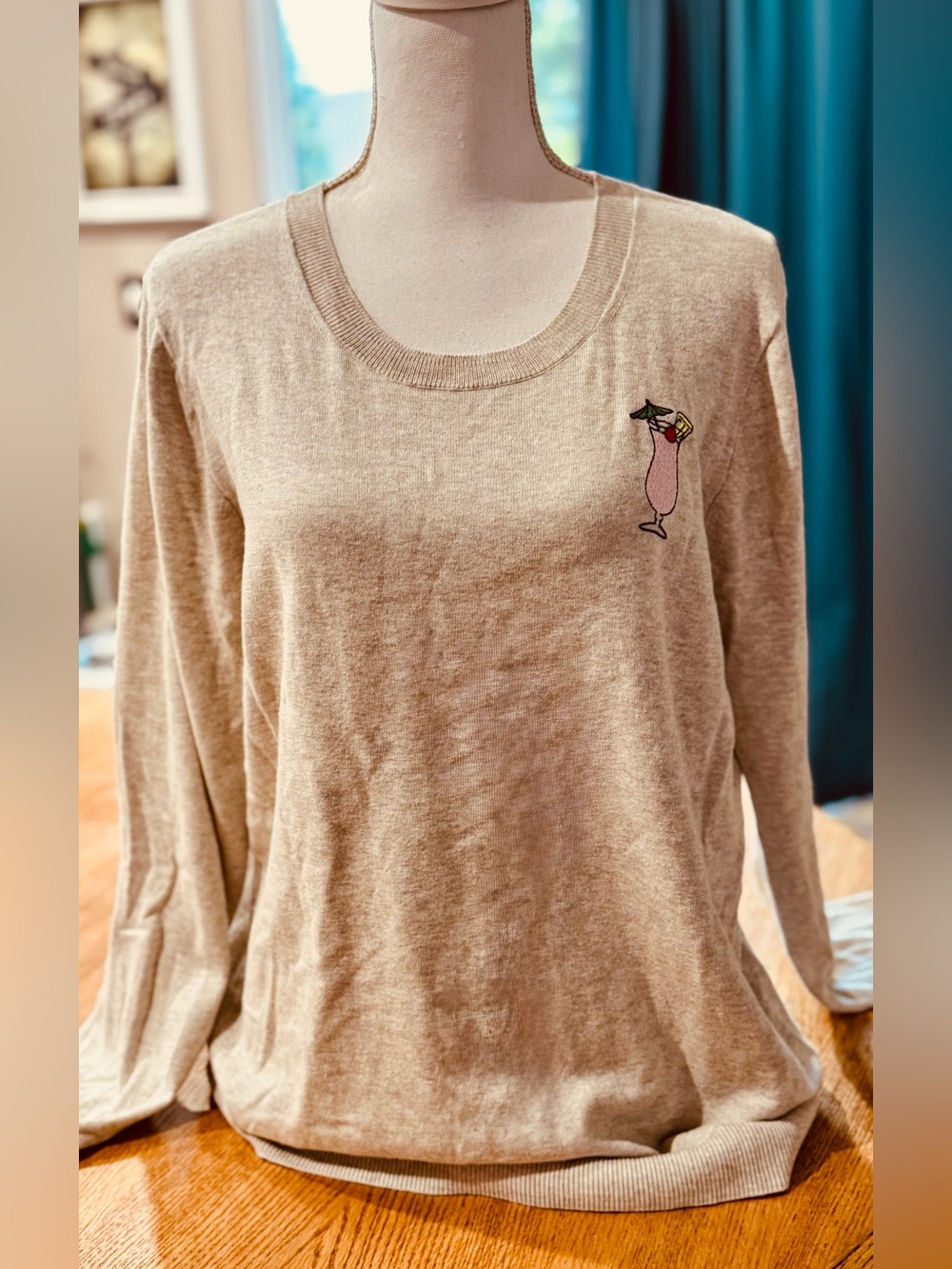 J. Crew Beige Long-Sleeve Sweatshirt with Pink Cocktail Embroidery